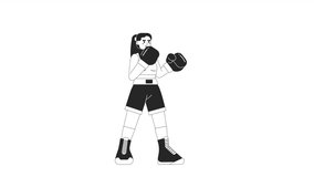Animated bw kickboxing woman. Girl boxer punching isolated 2D animation. Caucasian girl boxing. Cartoon monochrome thin line character 4K video footage, alpha channel transparency for web design