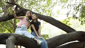 Stock video of female friends taking selfie while sitting on a tree trunk in a park.
