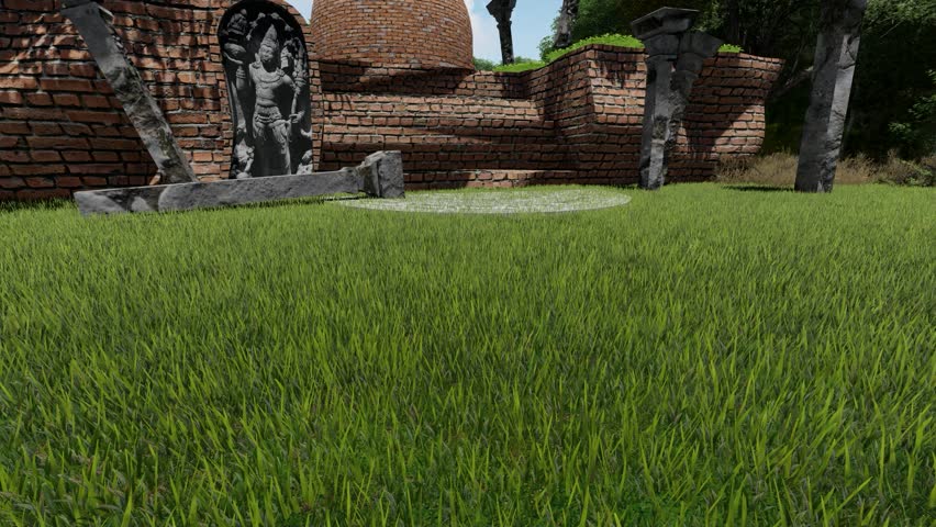 Step into the world of ancient Buddhist ruins. 3D creation using 3D Max and Lumion. Explore pagoda ruins amidst a forest. Long shot, medium shot, close-up, full focus. A blend of history and nature's  Royalty-Free Stock Footage #1105271193