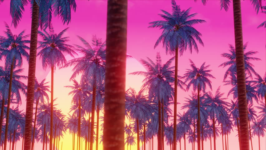 Sunset Palms Beach, Vaporwave Aesthetic 3D Rendering