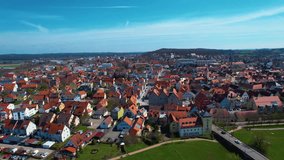 Aerial view around the old town of the city Gunzenhausen on an early spring day