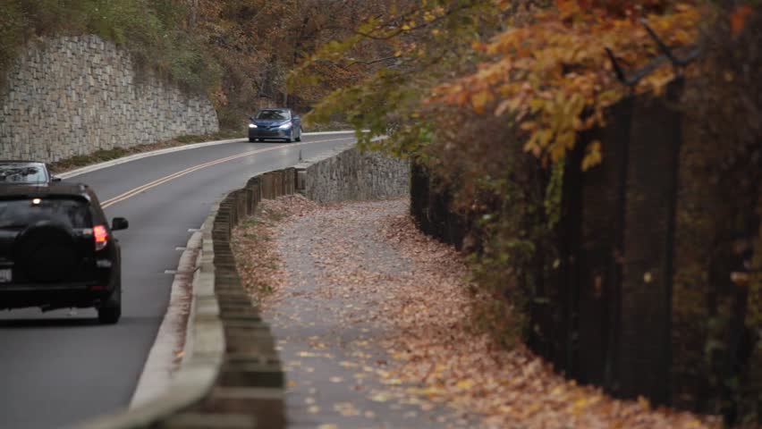 A bicyclist rides on the bike path next to Beach Drive near the National Zoo in Rock Creek Park. Cars pass by on the road. Washington, DC - Autumn