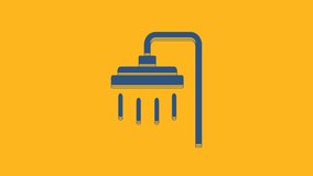 Blue Shower head with water drops flowing icon isolated on orange background. 4K Video motion graphic animation .