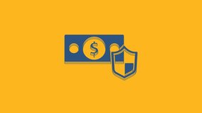 Blue Money with shield icon isolated on orange background. Insurance concept. Security, safety, protection, protect concept. 4K Video motion graphic animation .