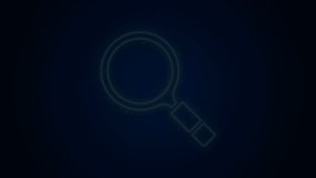 Glowing neon line Magnifying glass with search icon isolated on black background. Detective is investigating. 4K Video motion graphic animation.