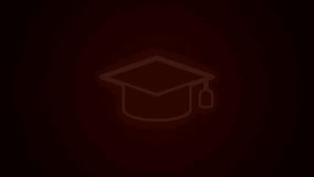 Glowing neon line Graduation cap icon isolated on black background. Graduation hat with tassel icon. 4K Video motion graphic animation.