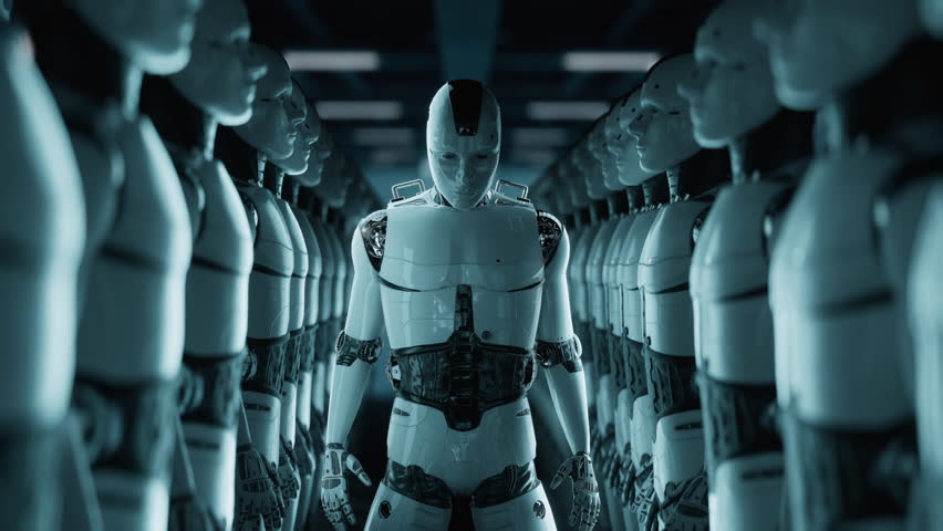 Rise of the Machines Robot Waking Up in a Sea of Robots in Factory - Powered by Shutterstock - Get 15% off with code: PIKWIZARD15