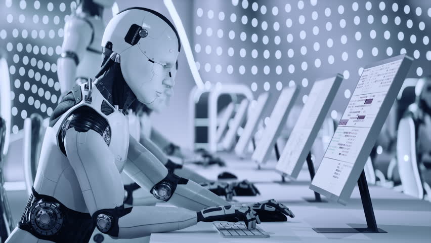 Robotic Workforce Typing in Futuristic Office AI in Business Operations Royalty-Free Stock Footage #1105279305