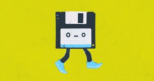 Motion design fun animation. Art collage, magazine style. Suitable for use in vj and misic videos. Floppy disk chsrscter funny walking with an aggressive grunge effect