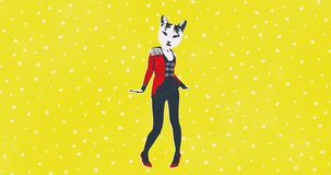 Motion design fun animation. Art collage, magazine style. Suitable for use in vj and misic videos. Cat girl dancing with aggressive grunge effect