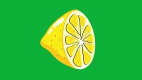 4K Hand Drawn Half Lemon Animation. Organic Fresh Lemon Sticker Isolated on Green Screen Motion Lemon Citrus Fruit for Motion Graphics. Fresh Fruits Design Element. Vintage Style Gif Drawing