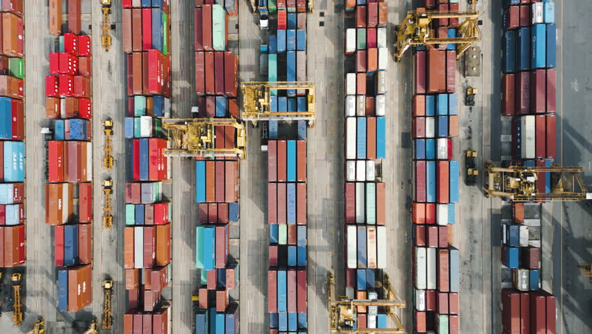 Globalization Import and Export of Goods Worldwide, Shipping Containers in Huge Oversea Shipping Port Storage, Aerial Drone Royalty-Free Stock Footage #1105283357