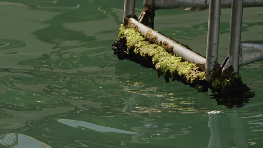Mossy Metallic Ladder in Sea Water Royalty-Free Stock Footage #1105286075