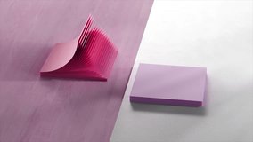Top view of stacks of office stickers. Stationery. Adhesive colored paper. Open and close like a fan. Pink purple color. 3D Illustration