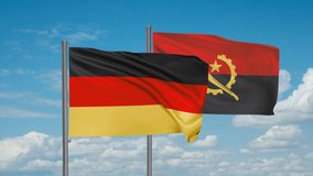 Germany flag and Angola flag waving together in the wind on blue sky, cycle looped video