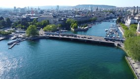 Zurich, Switzerland Summer Drone Footage, Old City, Buildings, Lake, Mountains, Boats, Beautiful Aerial Landscape View. Reach Europe City Panorama 2023. 