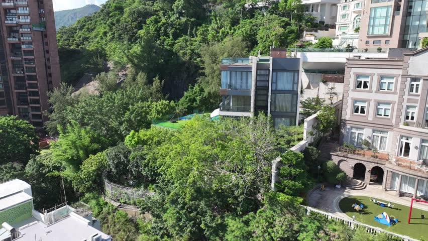 Drone Aerial Skyview shot of the Premium Villa independent house and beach seaside residential area in Repulse Bay Shouson Hill Stanley Sham Wan Aberdeen Hong Kong Island