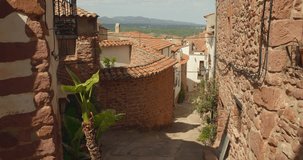 Old spanish town rocky stairs in Vilafames, Spain_4K. architecture shot.