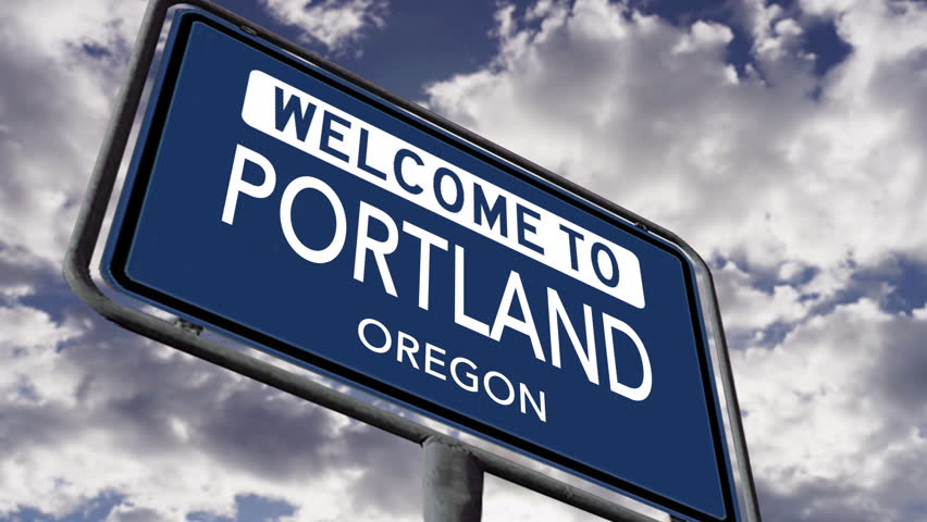 Welcome to Portland, Oregon. USA City Blue Road Sign, Realistic Animation