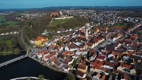 Aerial around the old town Burglangenfeld in Germany on a sunny day in spring
