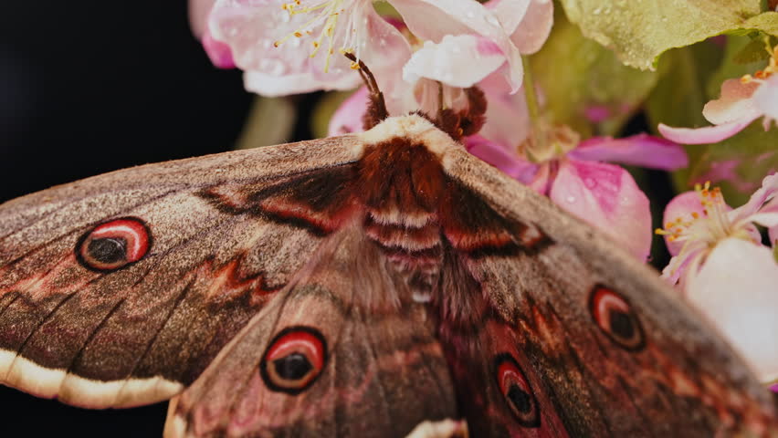 Night butterfly Saturnia pyri, giant peacock moth eating flower on apple branch