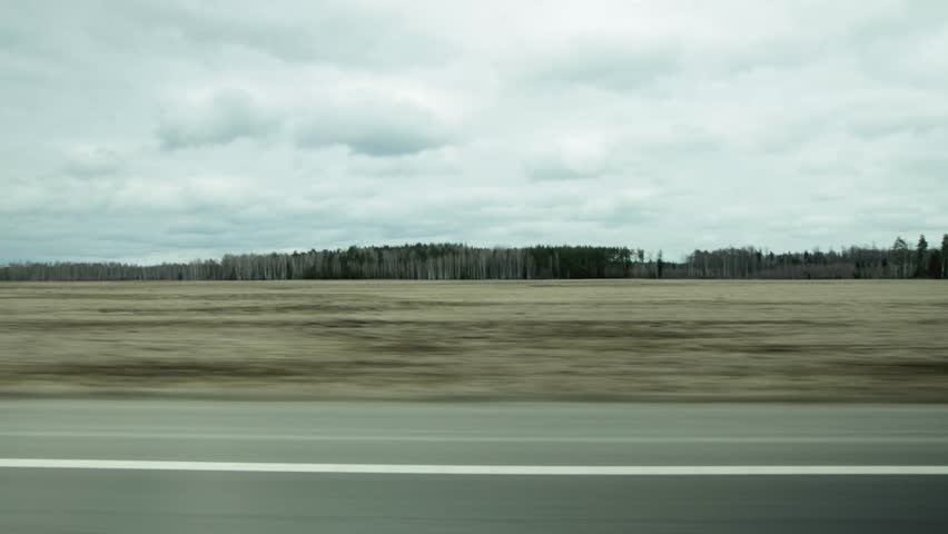 view from the passenger window of the car on nature, field and forest. Beautiful landscape in cloudy weather. Copy space for text