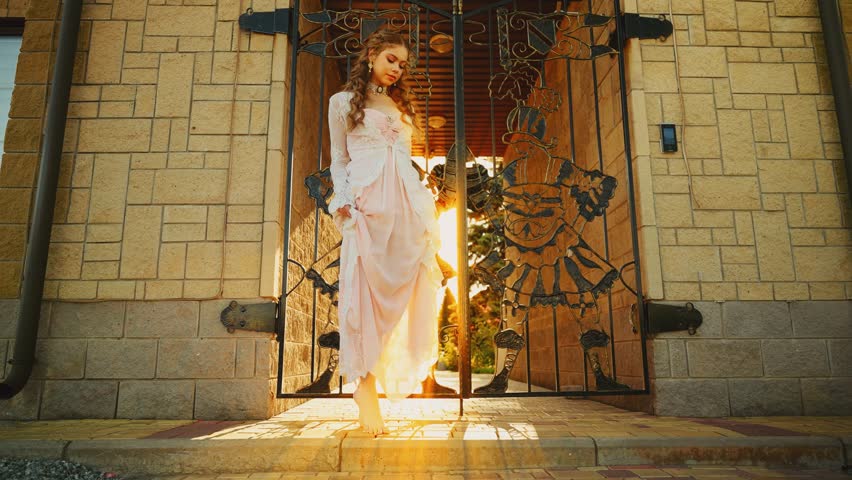 Art portrait Fantasy girl princess happy face long hair runs walks slow motion on old style city street summer nature magic sun rays light. middle ages vintage lady young woman, white pink ball gown Royalty-Free Stock Footage #1105306807