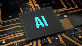AI processor on the motherboard. Artificial intelligence processing unit, used for machine learning and integrated processes. 3D animation
