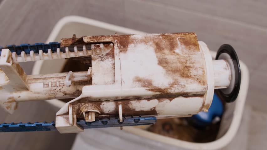 A repairman holds cistern fittings from a dirty rusty toilet tank in front of the camera. Water flows down on the background. Plumbing blockages due to dirty and hard water. Repair Royalty-Free Stock Footage #1105313599