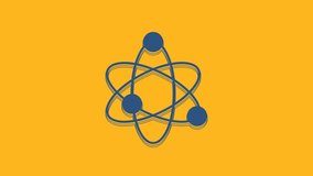 Blue Atom icon isolated on orange background. Symbol of science, education, nuclear physics, scientific research. 4K Video motion graphic animation.