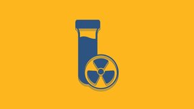 Blue Laboratory chemical beaker with toxic liquid icon isolated on orange background. Biohazard symbol. Dangerous symbol with radiation icon. 4K Video motion graphic animation.