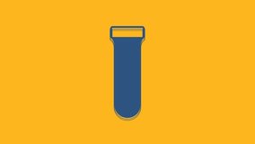 Blue Test tube and flask chemical laboratory test icon isolated on orange background. Laboratory glassware sign. 4K Video motion graphic animation.