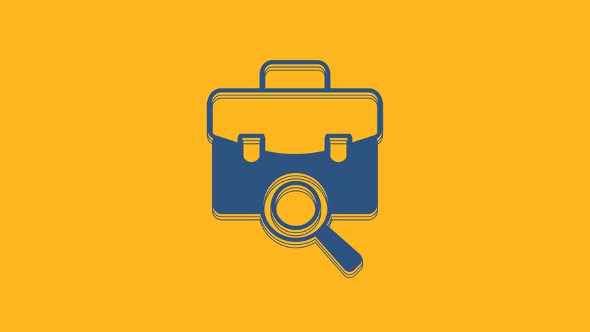Blue Magnifying glass with briefcase icon isolated on orange background. Job hunting. Work search concept. Unemployment, head hunting, career. 4K Video motion graphic animation. Royalty-Free Stock Footage #1105317581