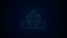 Glowing neon line Campfire icon isolated on black background. Burning bonfire with wood. 4K Video motion graphic animation.