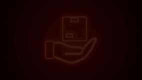 Glowing neon line Delivery insurance icon isolated on black background. Insured cardboard boxes beyond the shield. 4K Video motion graphic animation.