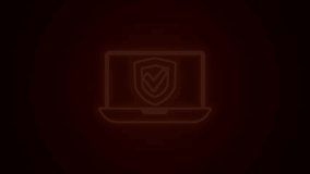 Glowing neon line Insurance online icon isolated on black background. Security, safety, protection, protect concept. 4K Video motion graphic animation.