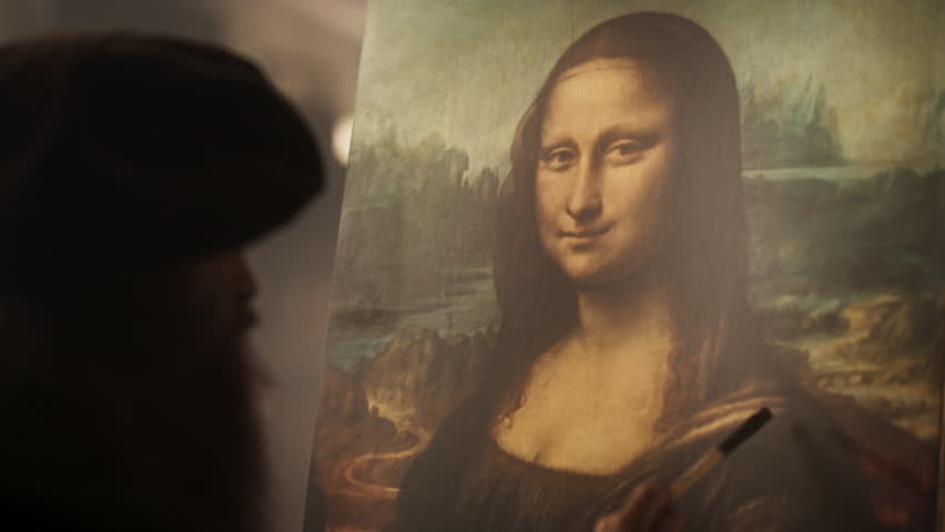 Close Up on The Painting of the Mona Lisa Being Created by Leonardo da Vinci in his Workshop. Renaissance Era Historical Figure and Painter Gently Adding Details to his Masterpiece on the Canvas Royalty-Free Stock Footage #1105320727