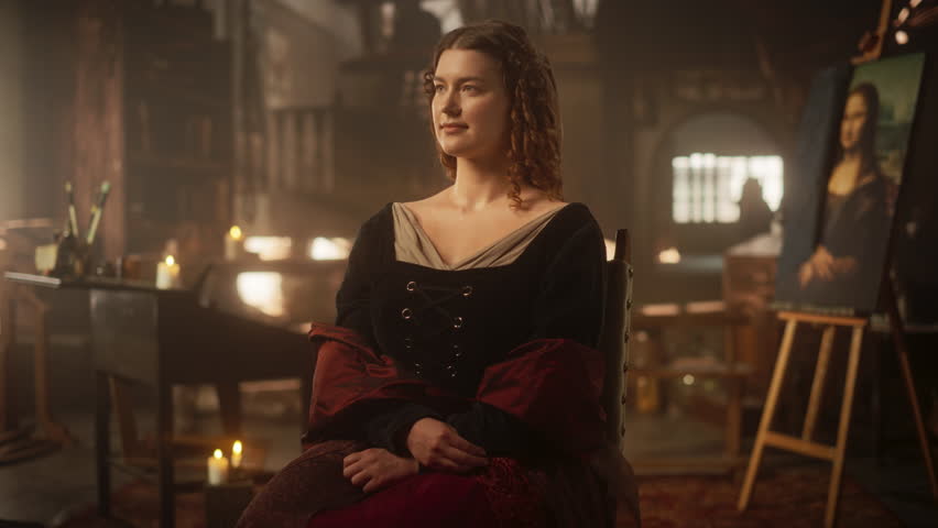 Renaissance Era Representation: Beautiful Young Woman Posing for a Portrait, Looking at the Camera and Smiling in an Antique Art Studio. Historical Figure Inspiring Da Vinci's Painting, the Mona Lisa