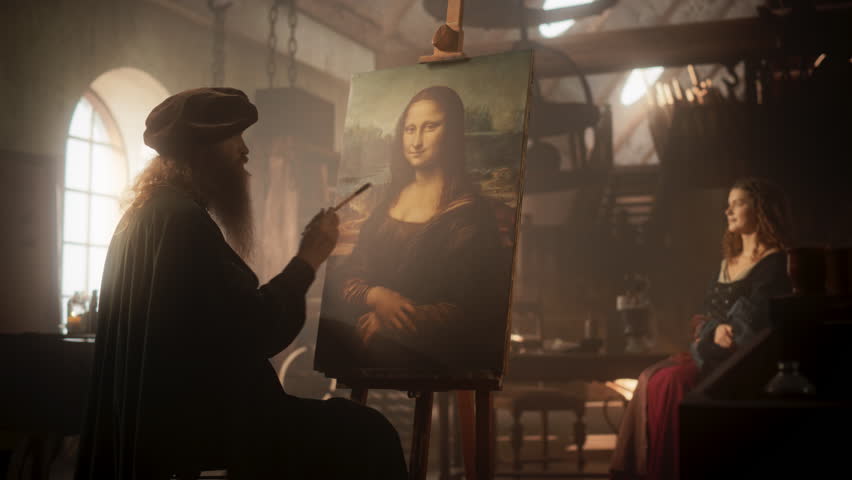 Creation of High Art: Documentary Depiction Scene of the Famous Leonardo da Vinci Creating his Famous Painting of the Mona Lisa in his Workshop. Historical Figure Making History with his Art Royalty-Free Stock Footage #1105320741