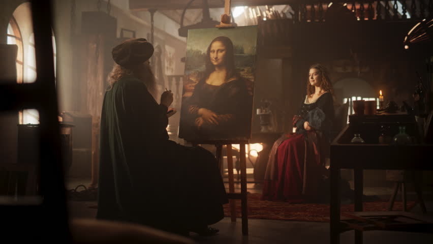 Recreation of Historical Moment: Beautiful Model Giving Life to the Painting of the Mona Lisa By Posing While the Painter Leonardo da Vinci is Making a Portrait of Her in Art Workshop. Renaissance Era Royalty-Free Stock Footage #1105320751