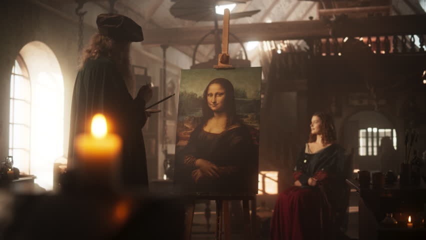 Representation of the Historical Moment of the Genius Leonardo Da Vinci Painting his Muse and Creating his Masterpiece, the Mona Lisa, in his Art Workshop. Pure Talent and Inspiration Put on Canvas Royalty-Free Stock Footage #1105320779
