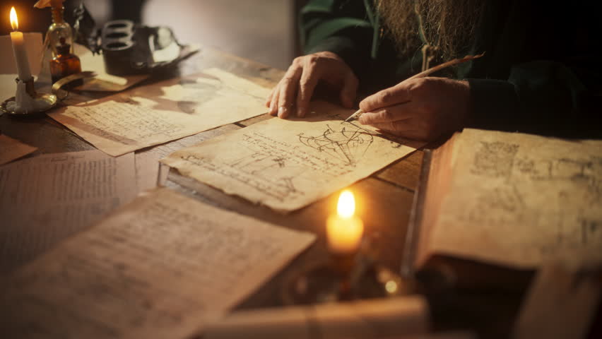 Close Up on Old Renaissance Male Hand Using Ink and Quill to Draw a Blueprint for a New Invention. Dedicated Historian Taking Notes, Writing a Book about the Innovative Eras in the History of Humanity Royalty-Free Stock Footage #1105320853