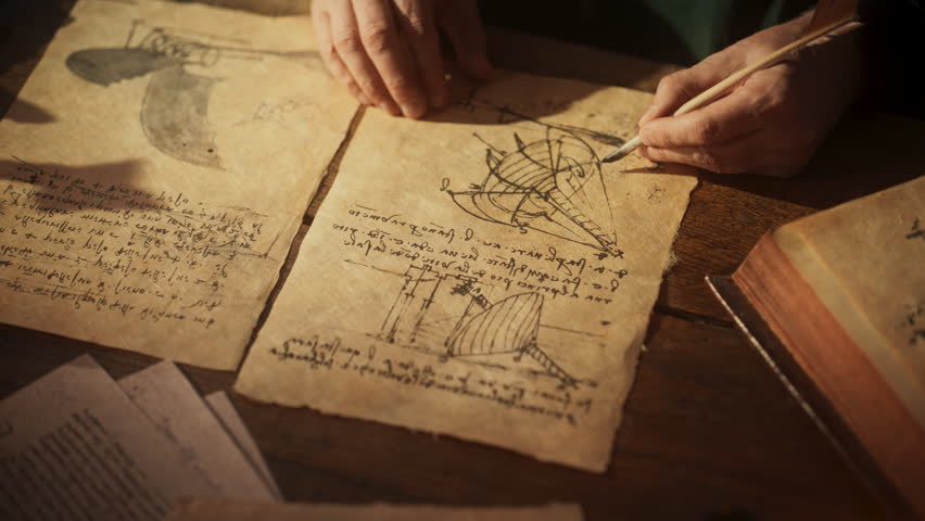 Close Up on Old Renaissance Male Hand Using Ink and Quill to Draw a Blueprint for a New Invention. Dedicated Inventor Working on an Innovative Creation, Writing Notes and Observations
