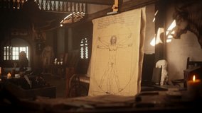 The Blend of Art and Science: Documentary Shot of Leonardo Da Vinci Working on his Famous Piece of the Vitruvian Man in his Workshop. Historical Moment Depiction of Talent and Brilliance. Zoom in - Powered by Shutterstock - Get 15% off with code: PIKWIZARD15