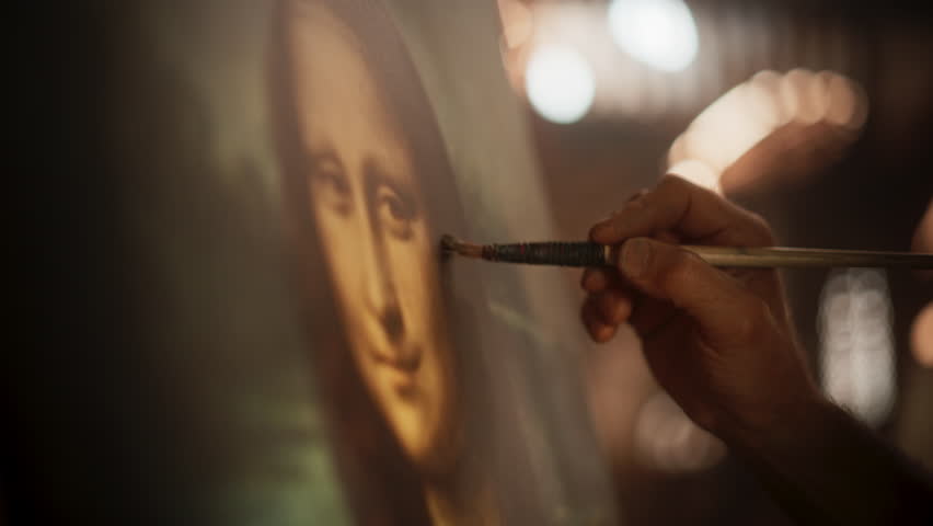 Close Up on Male Painter Hand Painting the Mona Lisa with Gentle Brush Movement. Details of the Famous Painting Being Drawn by its Creator. Pure Talent and Mastery of High Art, Everlasting Beauty Royalty-Free Stock Footage #1105320883