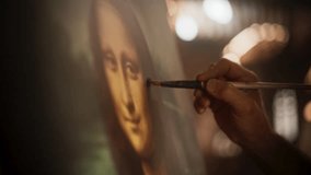 Close Up on Male Painter Hand Painting the Mona Lisa with Gentle Brush Movement. Details of the Famous Painting Being Drawn by its Creator. Pure Talent and Mastery of High Art, Everlasting Beauty - Powered by Shutterstock - Get 15% off with code: PIKWIZARD15