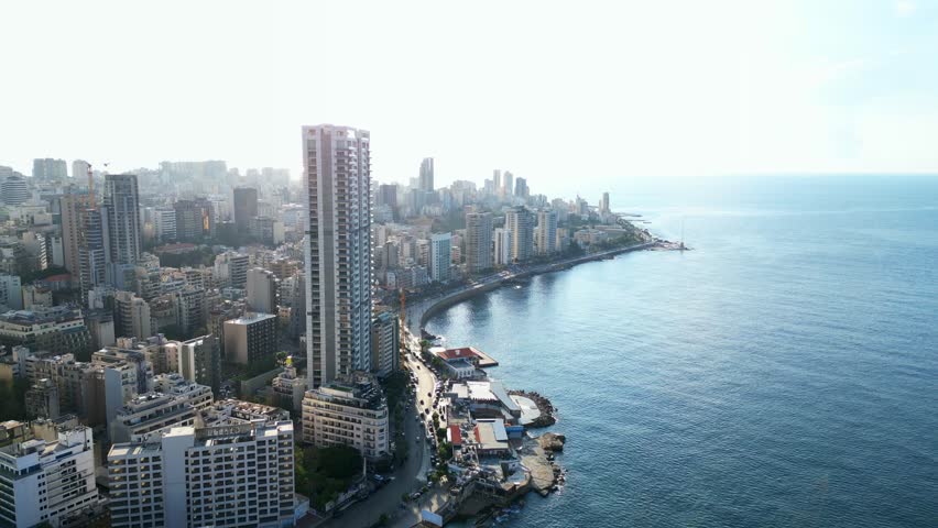 Drone shot Beirut city in Lebanon with skyscrapers on waterfront Royalty-Free Stock Footage #1105323493
