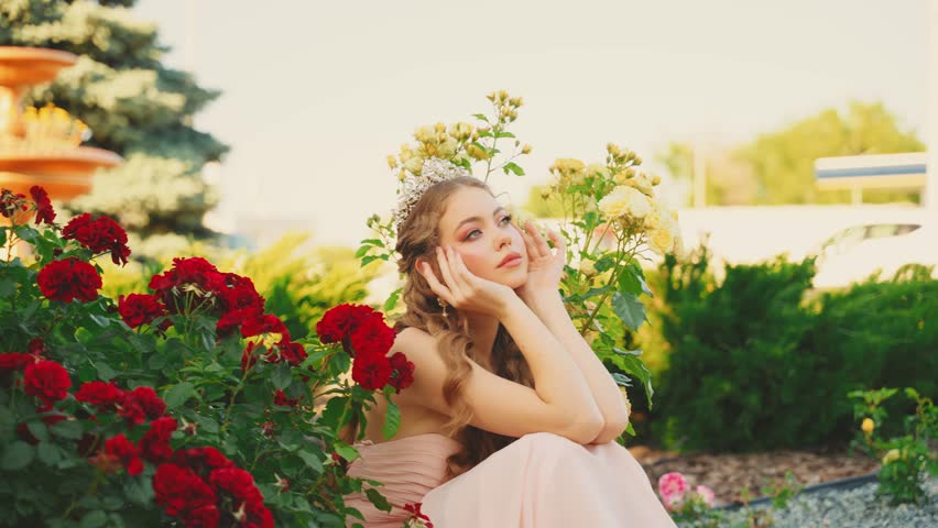 art portrait girl teenager enjoys fresh fantasy summer nature garden sitting in green grass bush flowers red yellow roses aroma spring. Young woman beauty face dreaming, long hair royal luxury crown.