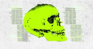 Skull in cyberpunk style on the background of program code and grunge effect. Motion design fun animation. Art collage, magazine style. Suitable for use in vj and misic videos.