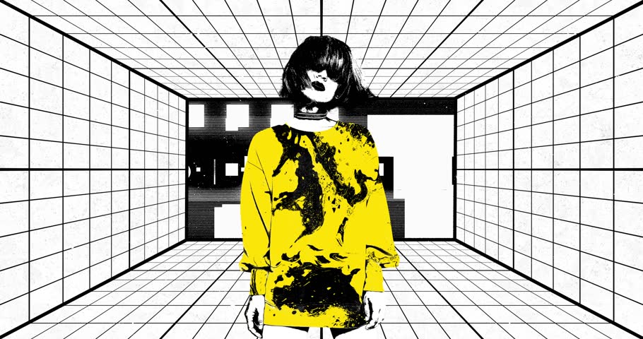 Girl in cyberpunk style on an aggressive background and grunge effect. Motion design fun animation. Art collage, magazine style. Suitable for use in vj and misic videos.
